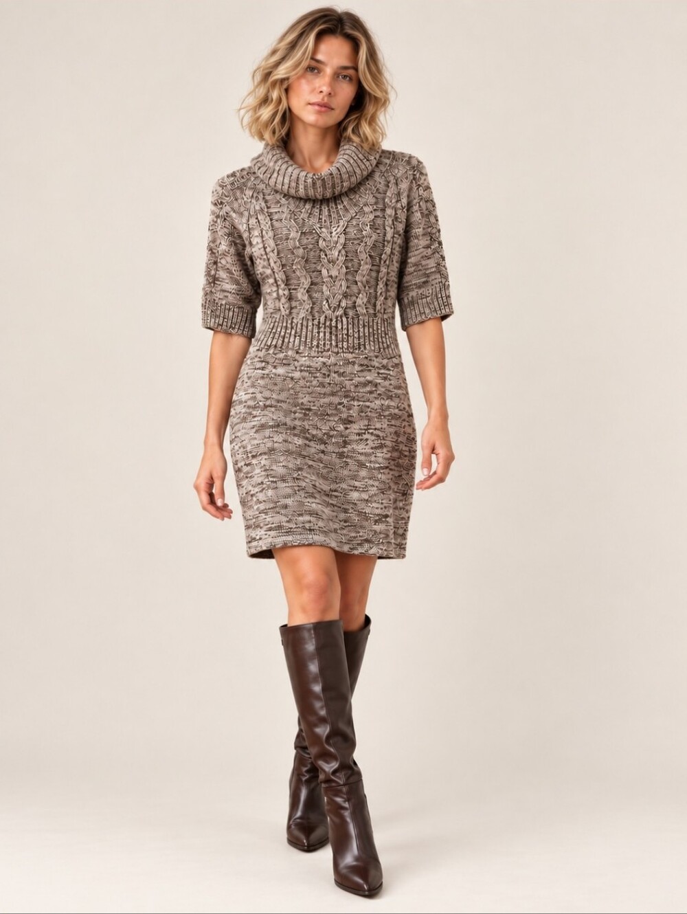 Cable Knit Sweater Dress • Cowl Neckline • Taupe Brown • Cozy Fall